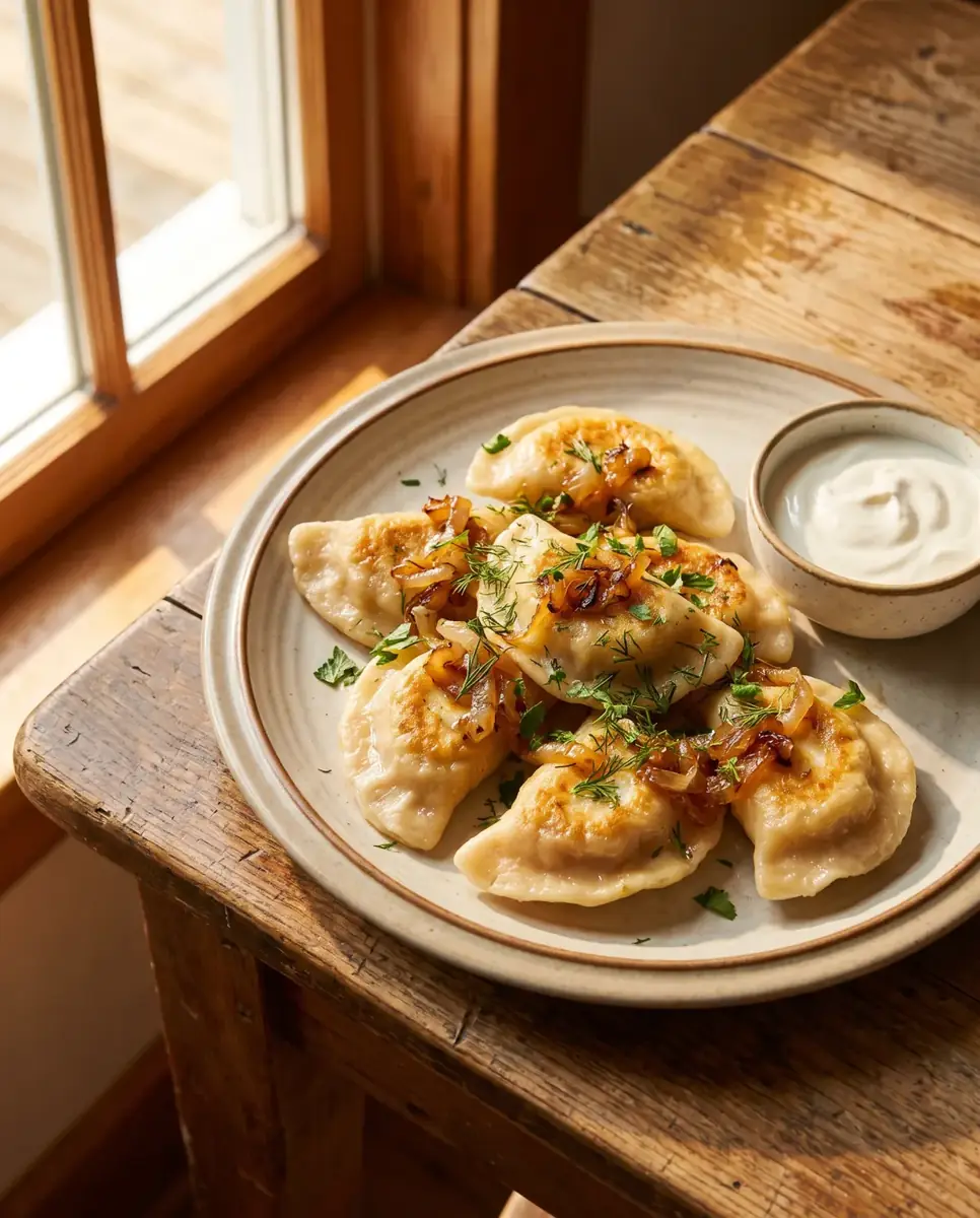 Pierogi z okrasą z cebulki na ceramicznym talerzu